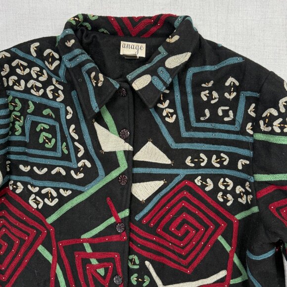 Vintage Anage Embroidered Wool Jacket Abstract Print Black Multi Size Chest 58" - Picture 3 of 13